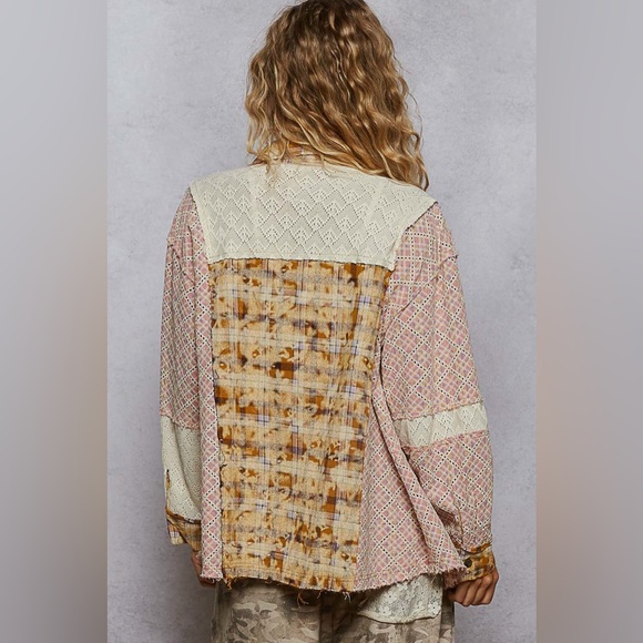 NWT POL Clothing Boho Patchwork Mixed Medoa Contrast Plaid Lace Stud Flannel Top - Picture 5 of 6